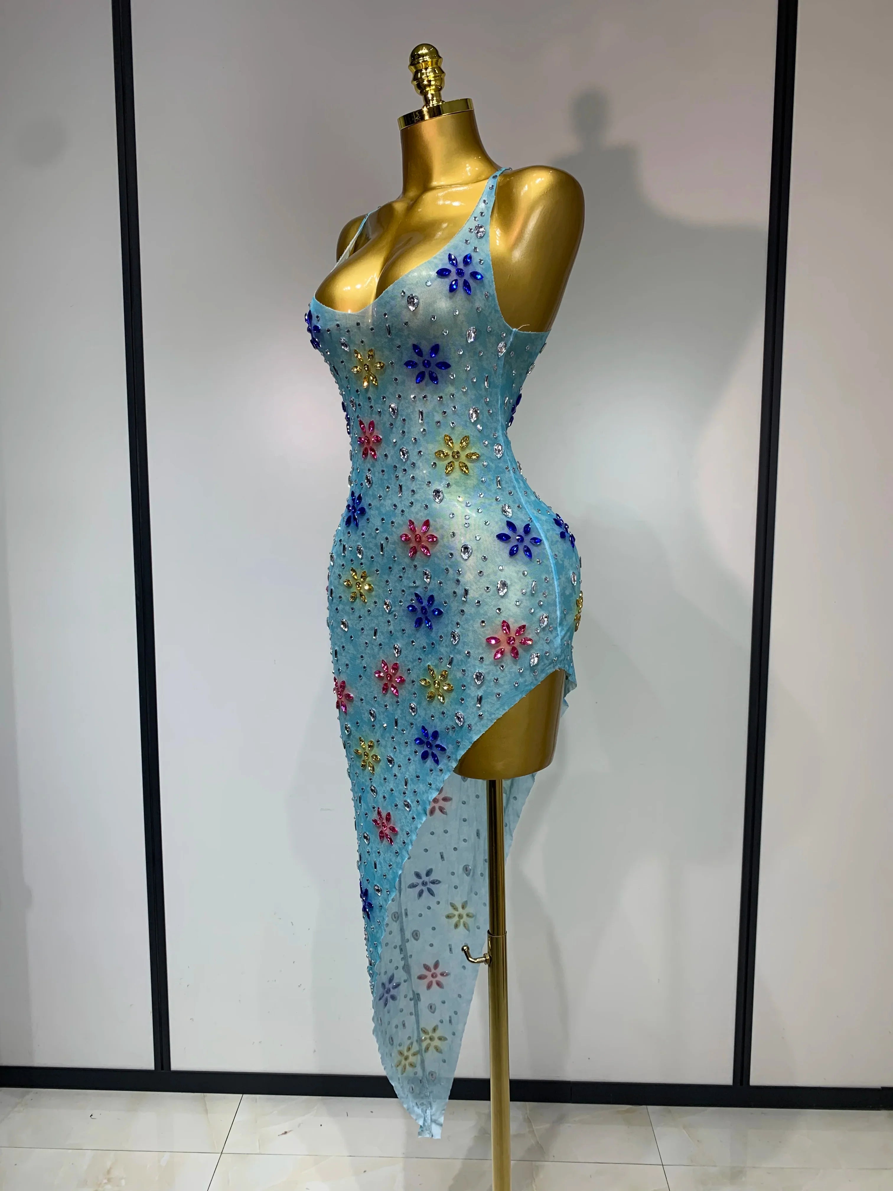 A'Riah Sexy Mesh High Split Sparkly Diamonds See Through Dress