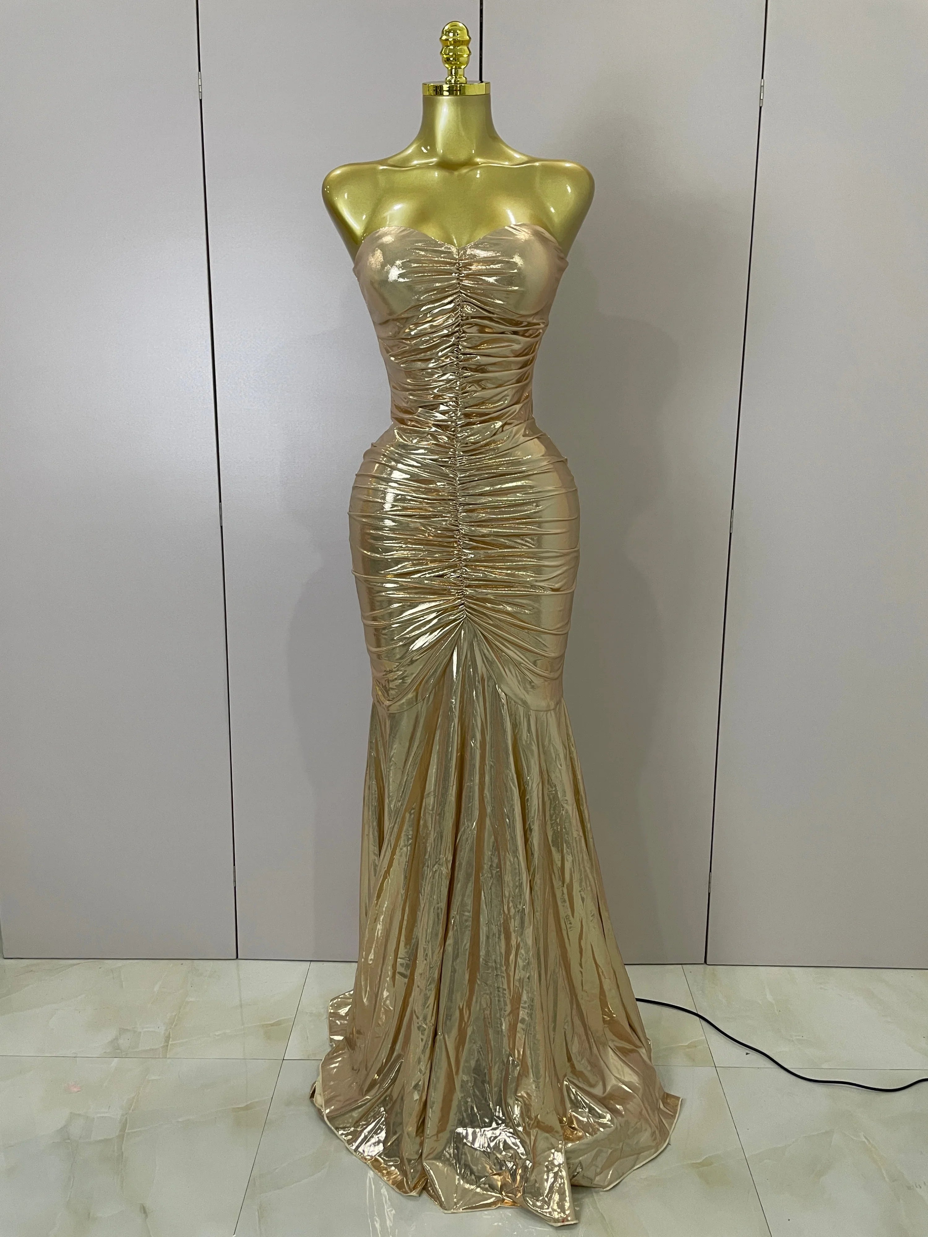 Alana Gold Strapless Ruched Backless Maxi Gown