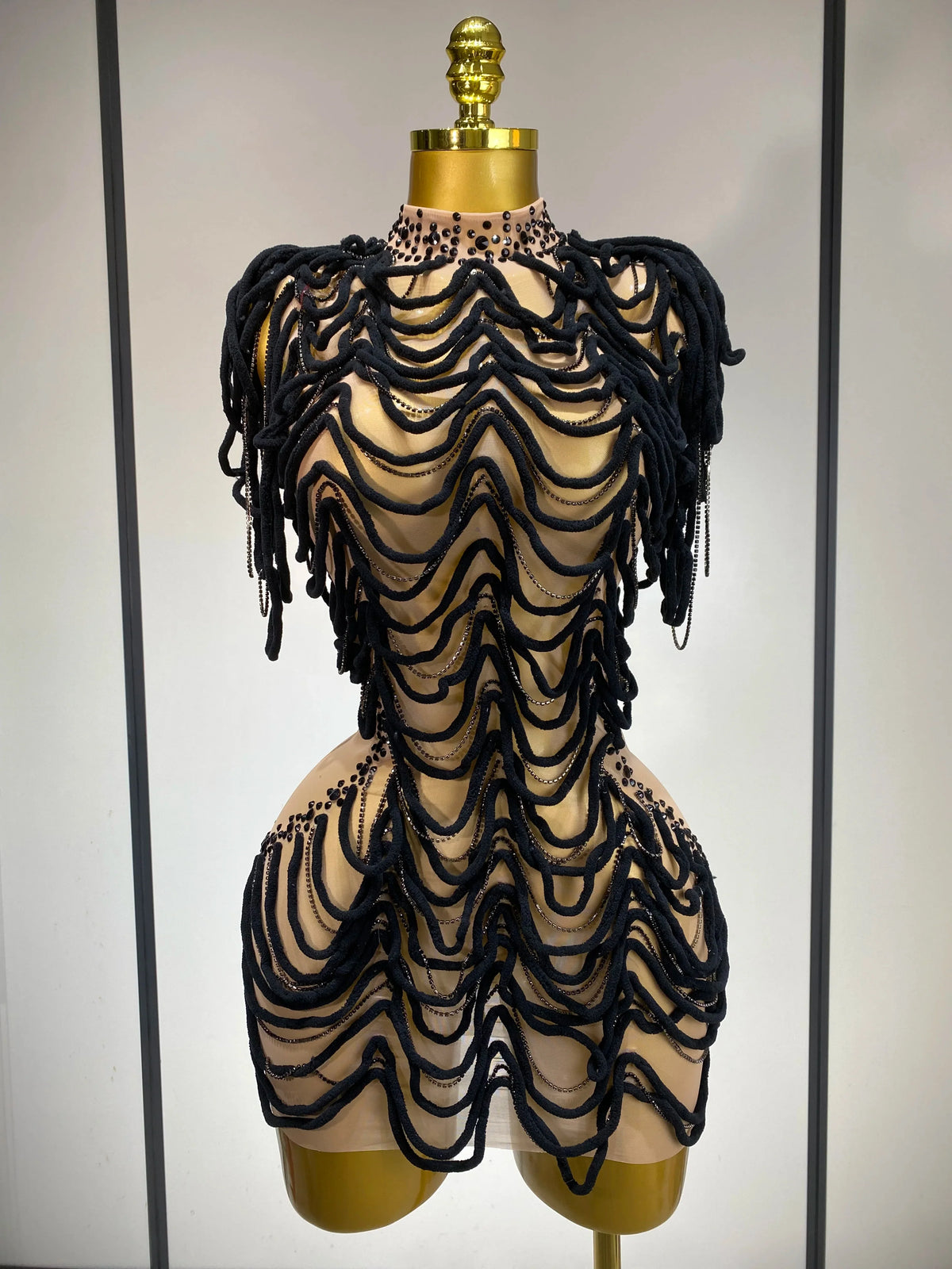 Brielle Sexy Mesh See Through Rhinestone Chain Dress