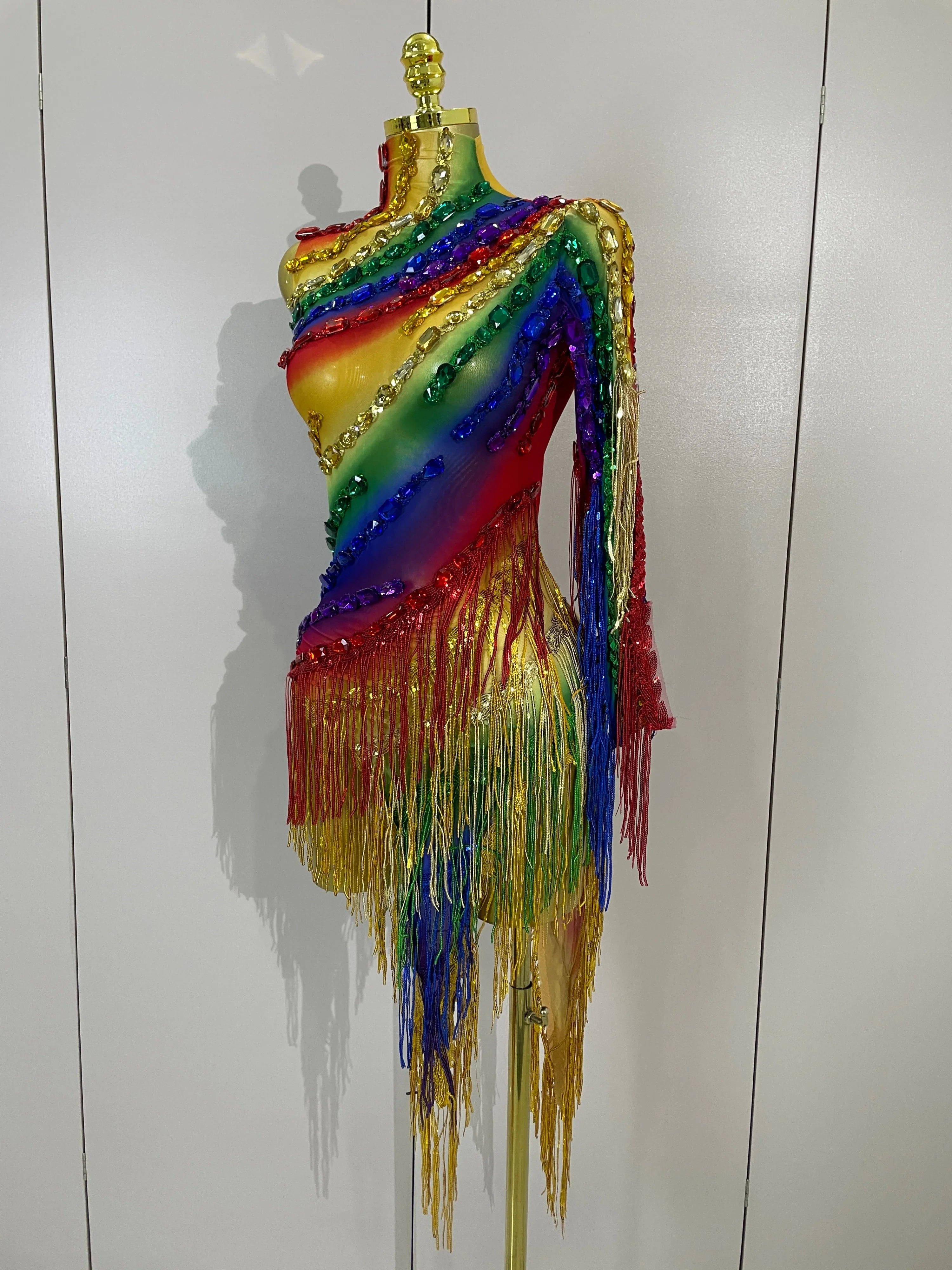 Caitlin Colorful Sparkly Rhinestones One Shoulder Tassel Sexy See-Through Dress