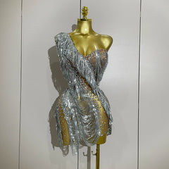 Carrie Sparkly Rhinestone Sequins Tassel Mesh One Shoulder Short Dress