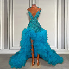 Deep Sky Blue Sparkly Diamond Crystal  Ruffle Mermaid Prom Dress with Slit