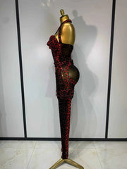 Amanda Backless Red Rhinestone Black Mesh Bodycon Jumpsuit