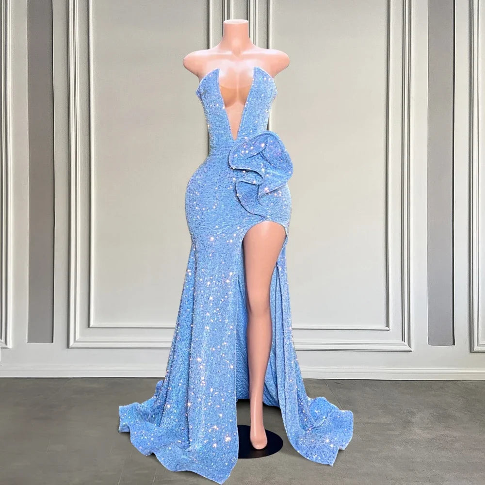 Charming Sequins Long Mermaid Prom Dresses Strapless Sexy High Slit