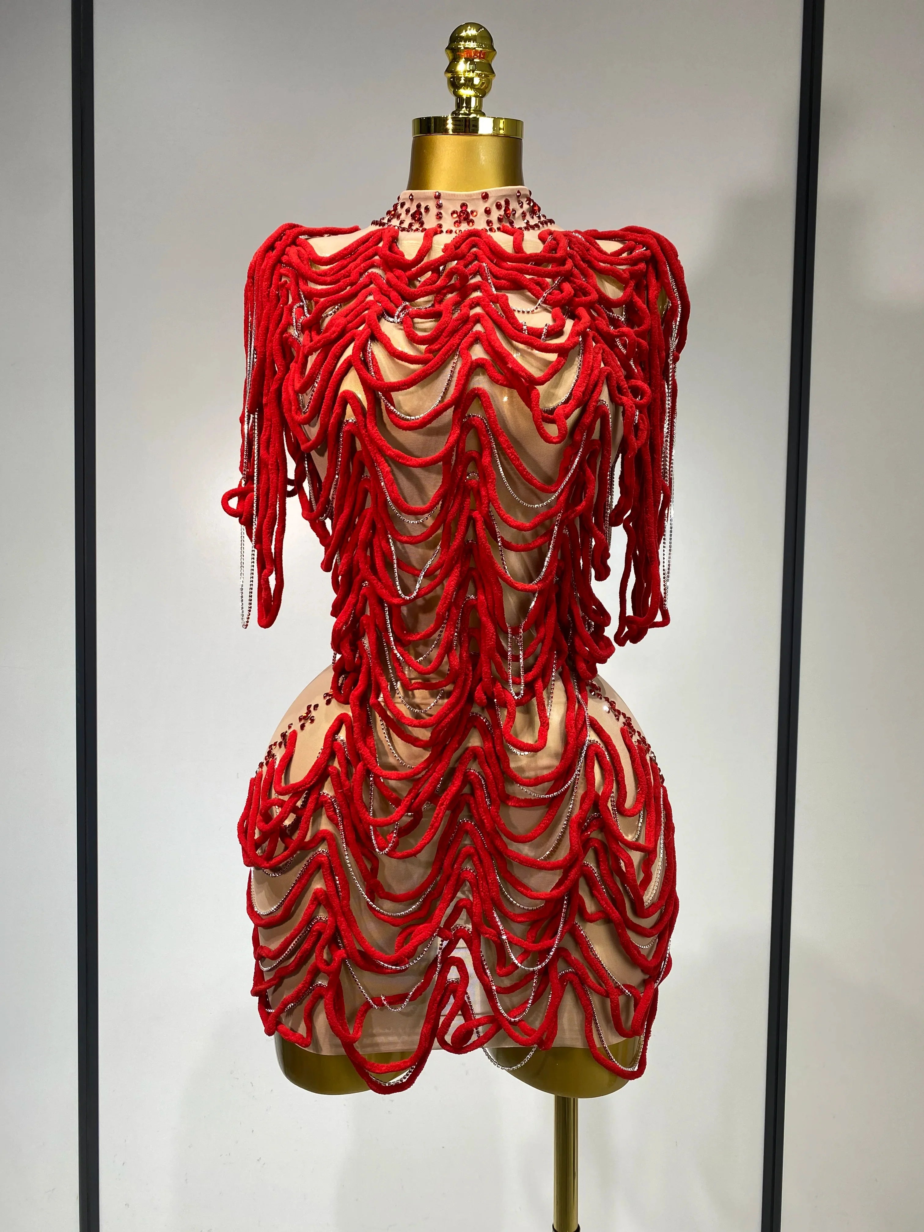 Brielle Sexy Mesh See Through Rhinestone Chain Dress