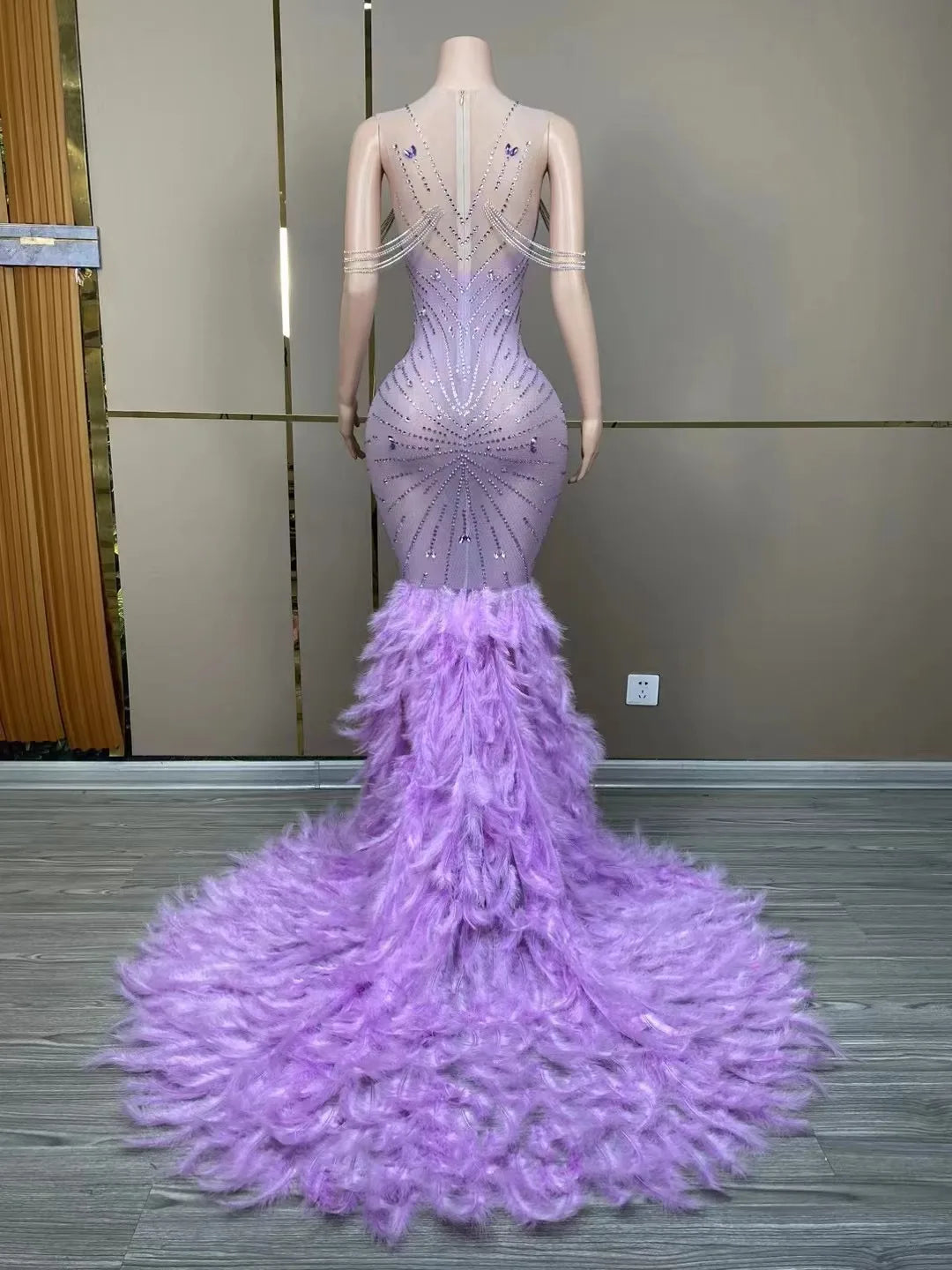 Chanel Sparkly Purple Rhinestone Feather Prom Dress