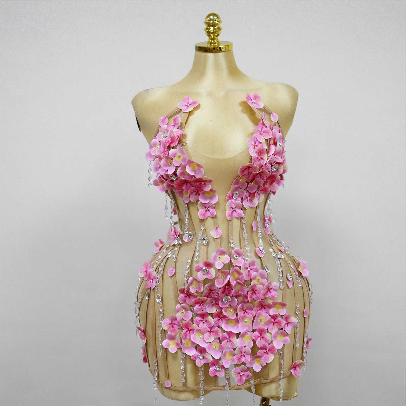 Courtney Nude Pink Mesh 3D Flower Crystal Beaded Jumpsuit