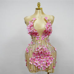 Courtney Nude Pink Mesh 3D Flower Crystal Beaded Jumpsuit