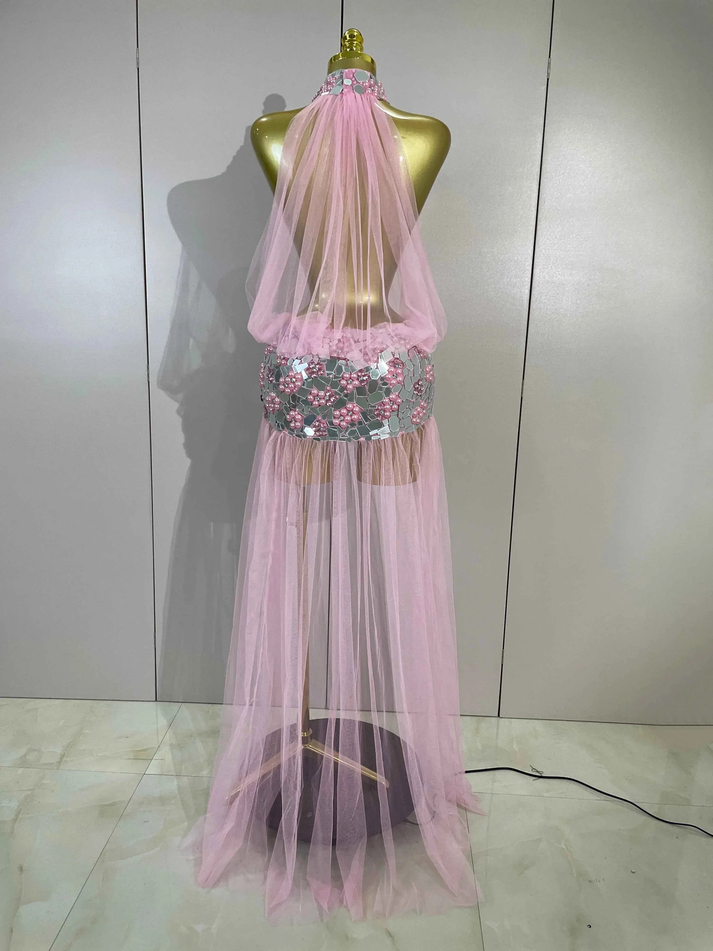 Almira Sparkly Rhinestone Pearl Mirror Mesh Long Tail Dress for Women