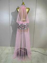 Almira Sparkly Rhinestone Pearl Mirror Mesh Long Tail Dress for Women