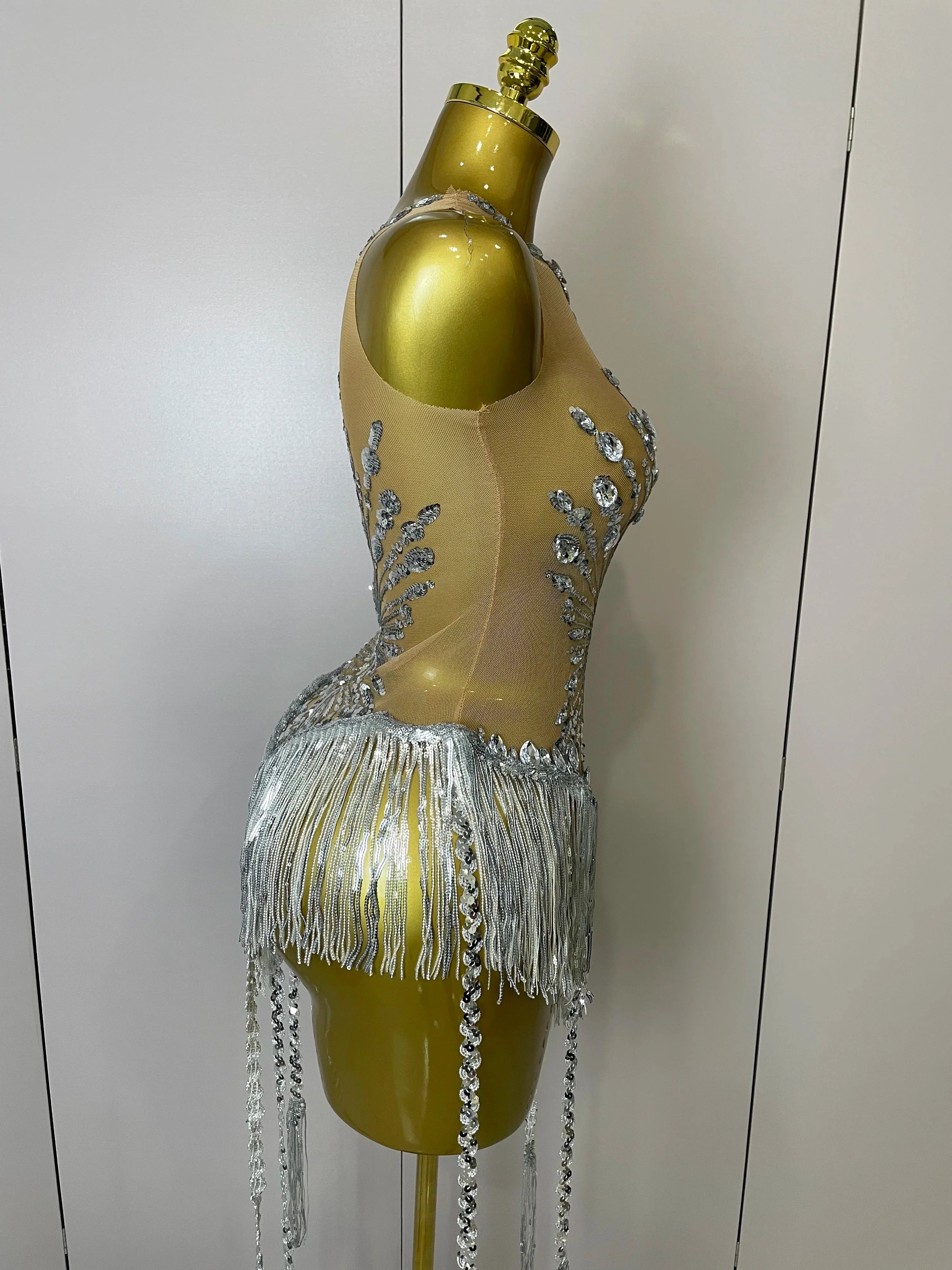 Desiree Silver Sequin Diamond Mesh Tassel Bodysuit