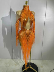 Almira Orange Diamond Tassel Mesh Dance Dress