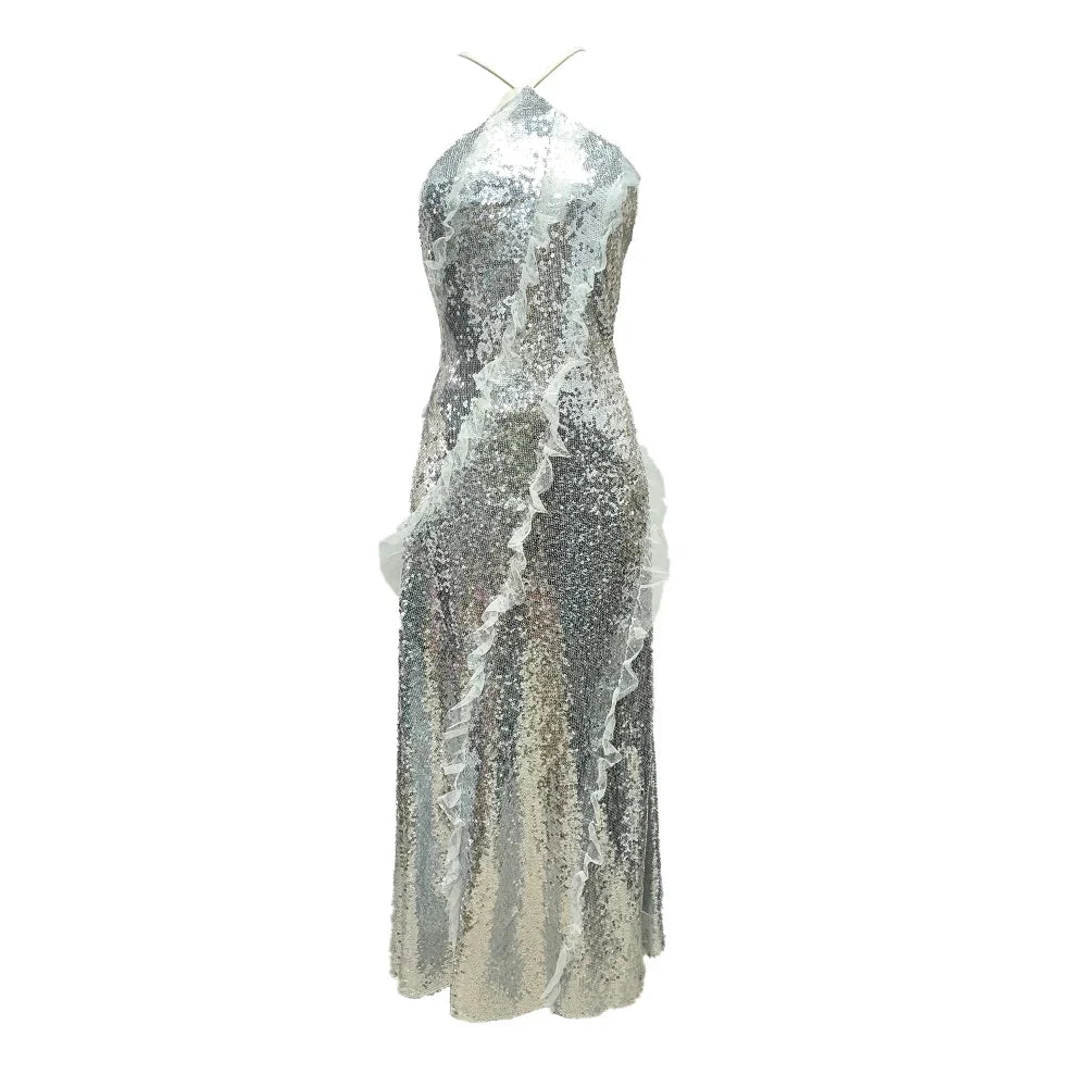 Arya Starry Silver Sequin Backless Dress with Ruffle Mesh Details