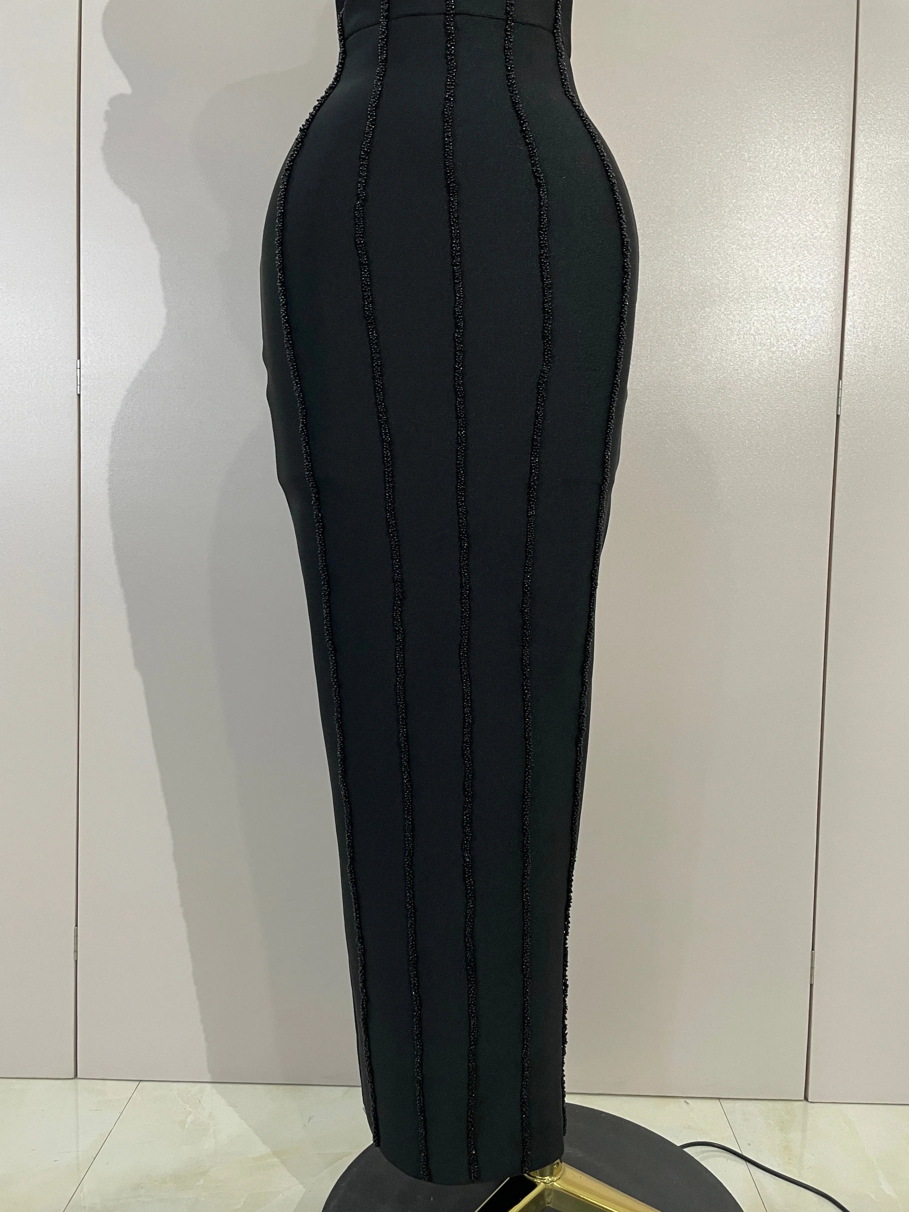 Bianca Sexy Beaded Scalloped Halter Black Bodycon Bandage Maxi Dress