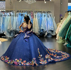 Charro Ruffles Blue Floral Embroidery Quinceanera Dress