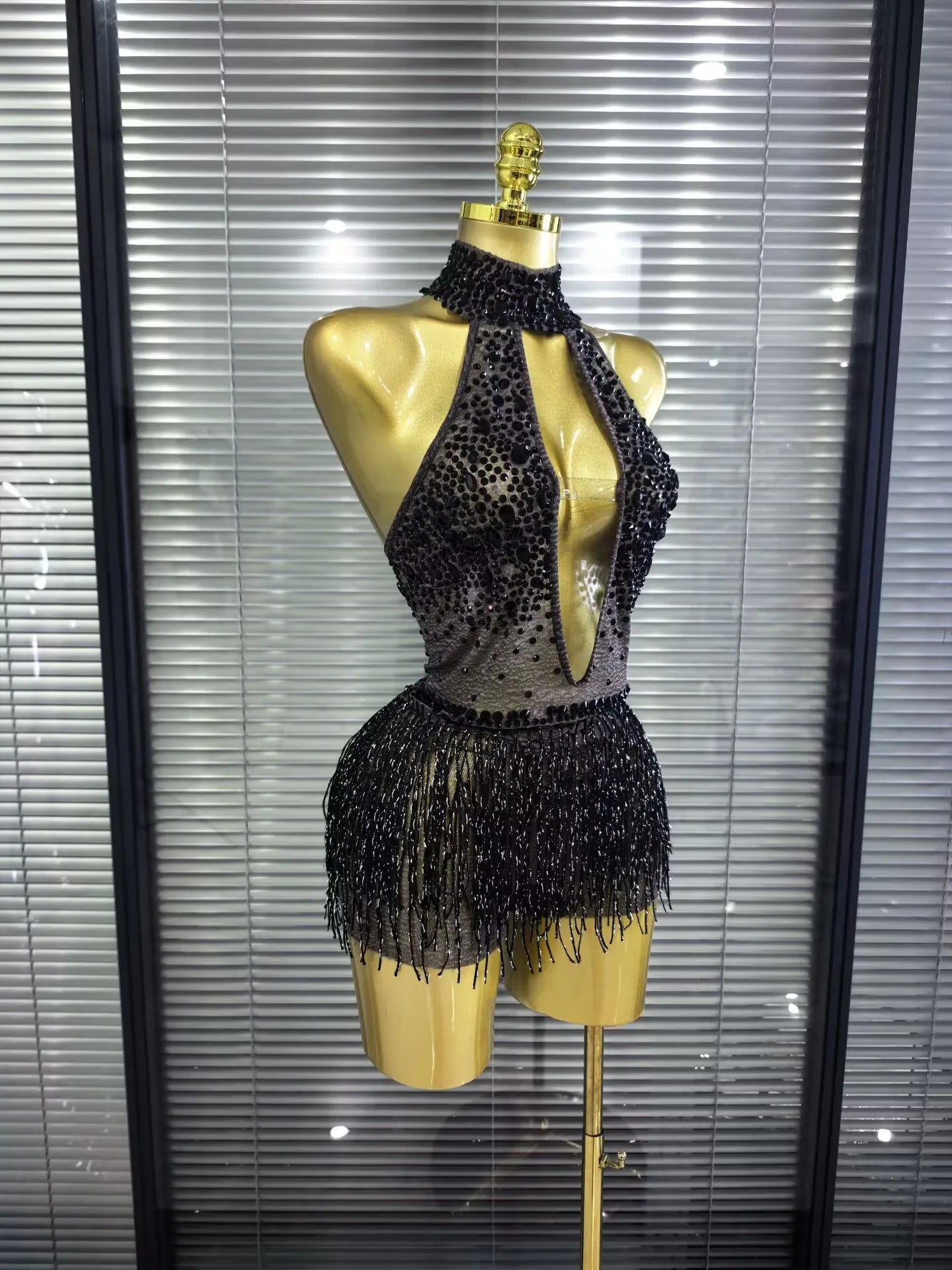 Denise Sexy Mesh See-Through Sequin Tassel Bodycon Bodysuit