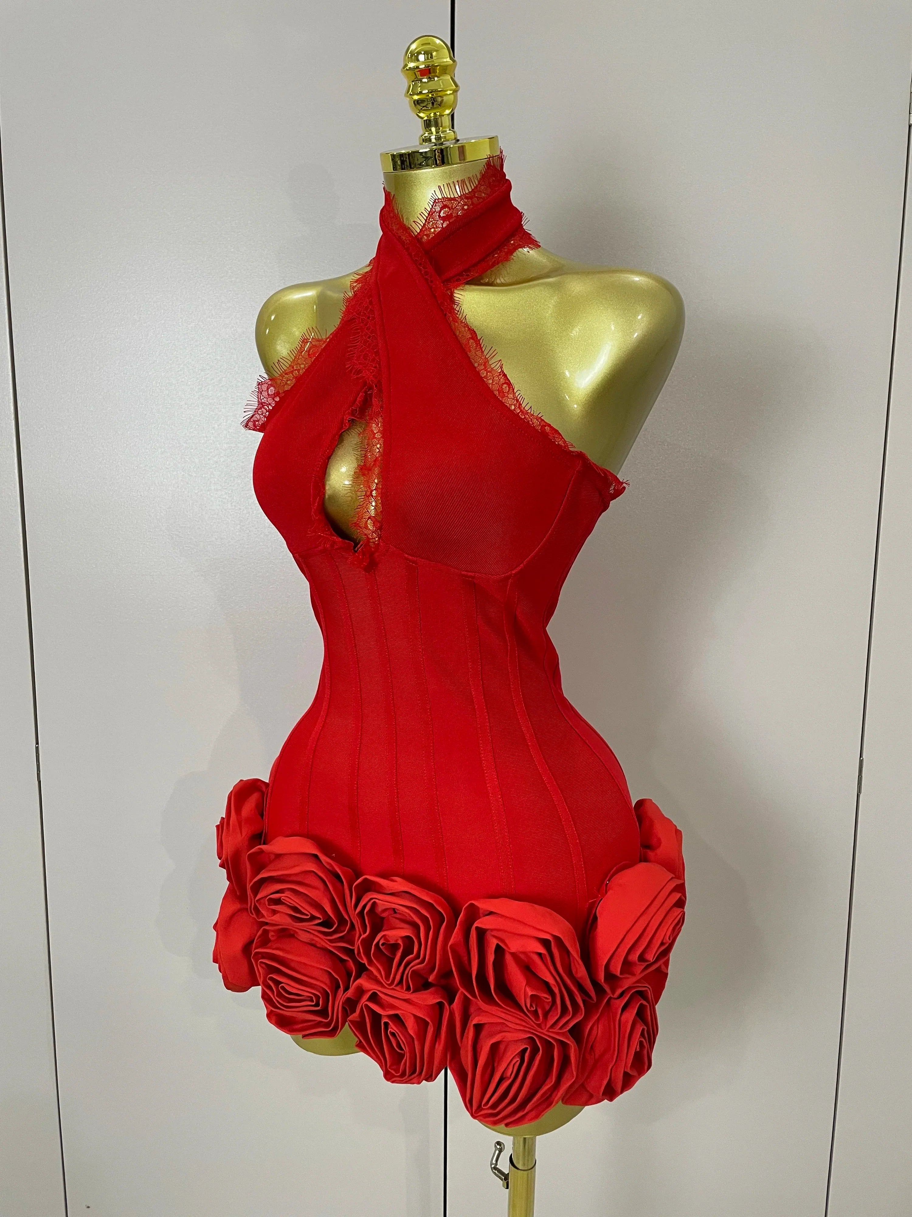 Cleo Sexy Halter Red Floral Lace Bodycon Mini Dress