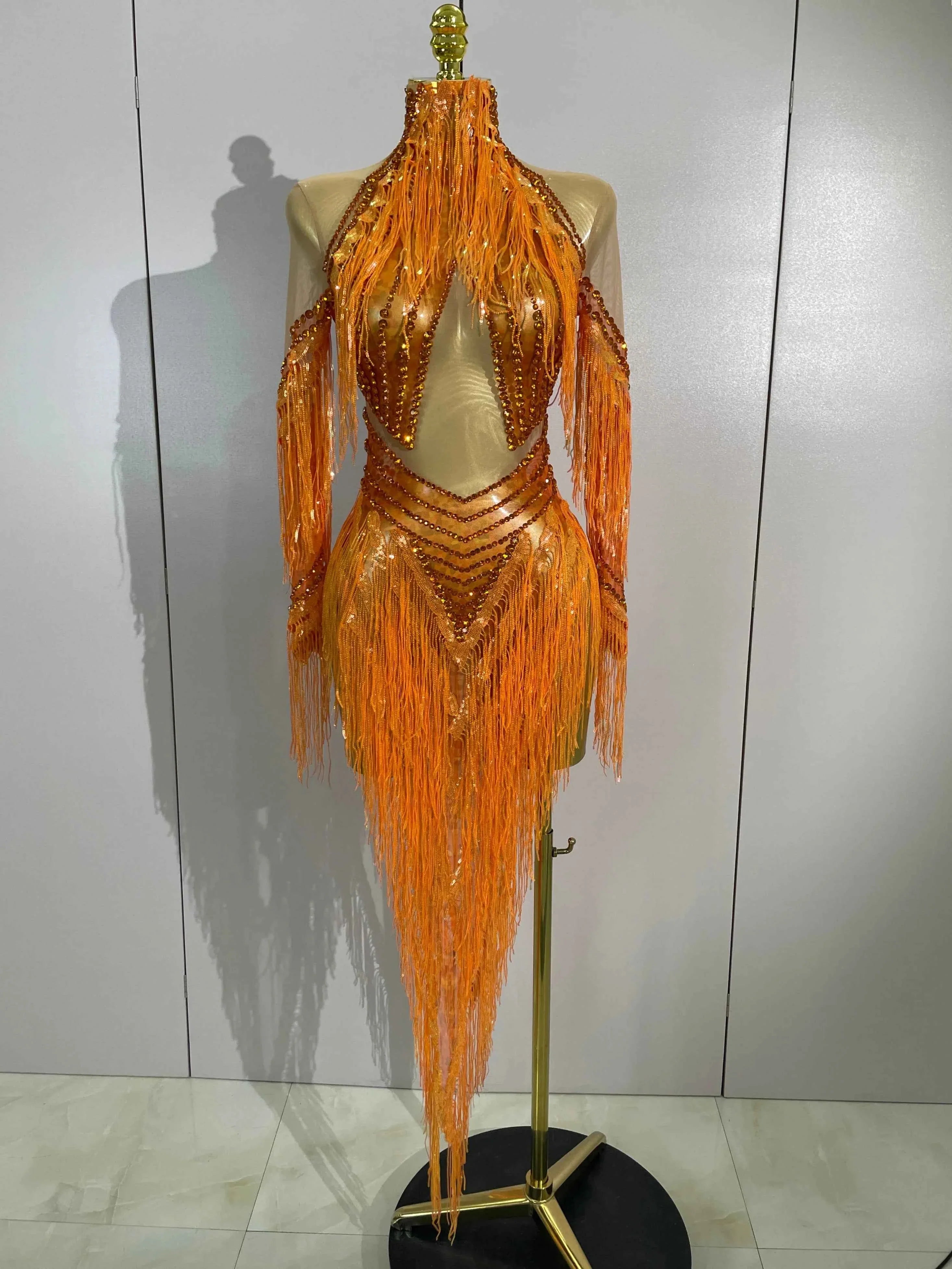 Almira Orange Diamond Tassel Mesh Dance Dress