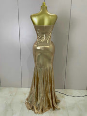 Alana Gold Strapless Ruched Backless Maxi Gown