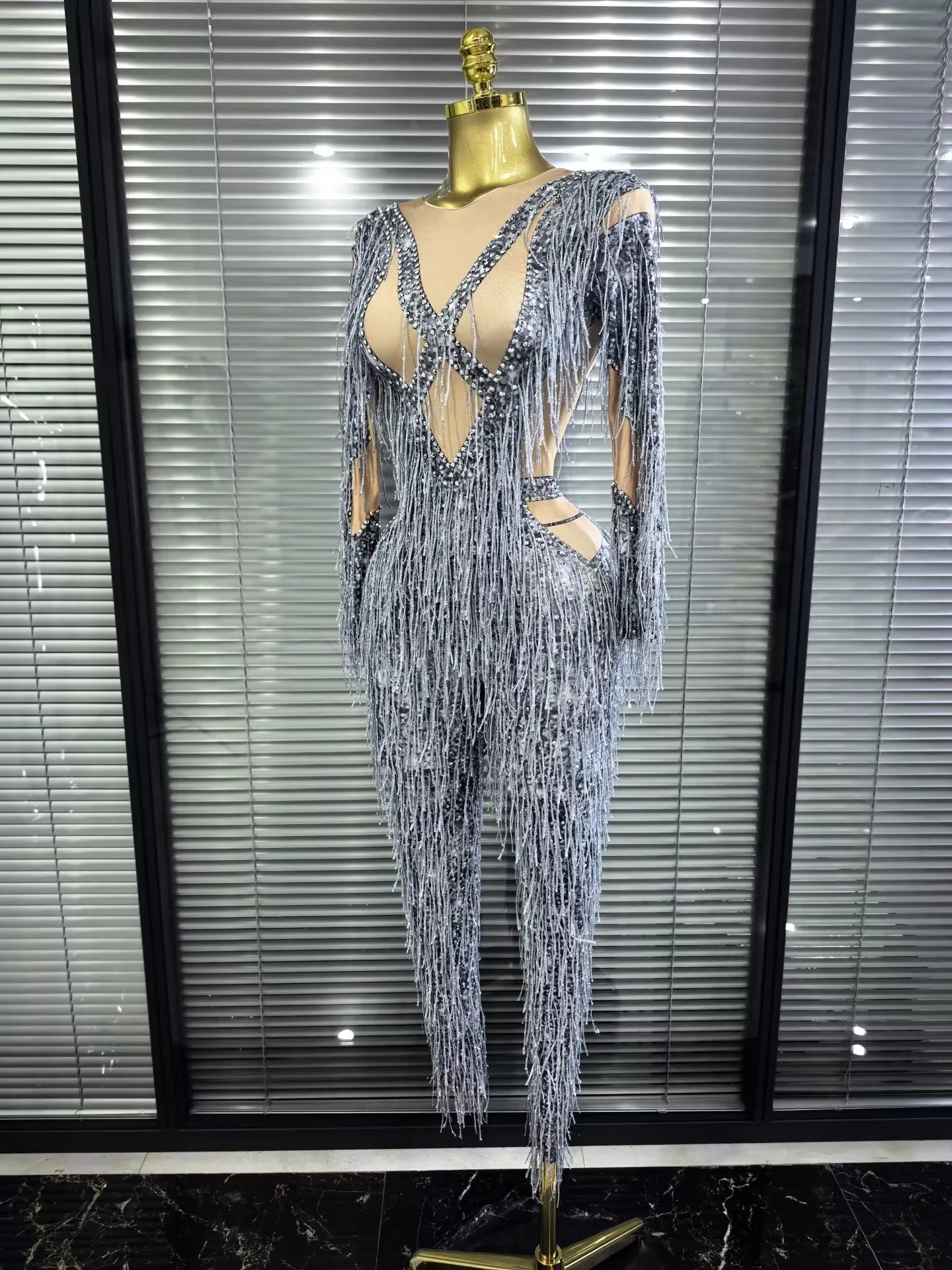 Aleah Long Sleeve High-Stretch Fringe Bodycon Jumpsuit