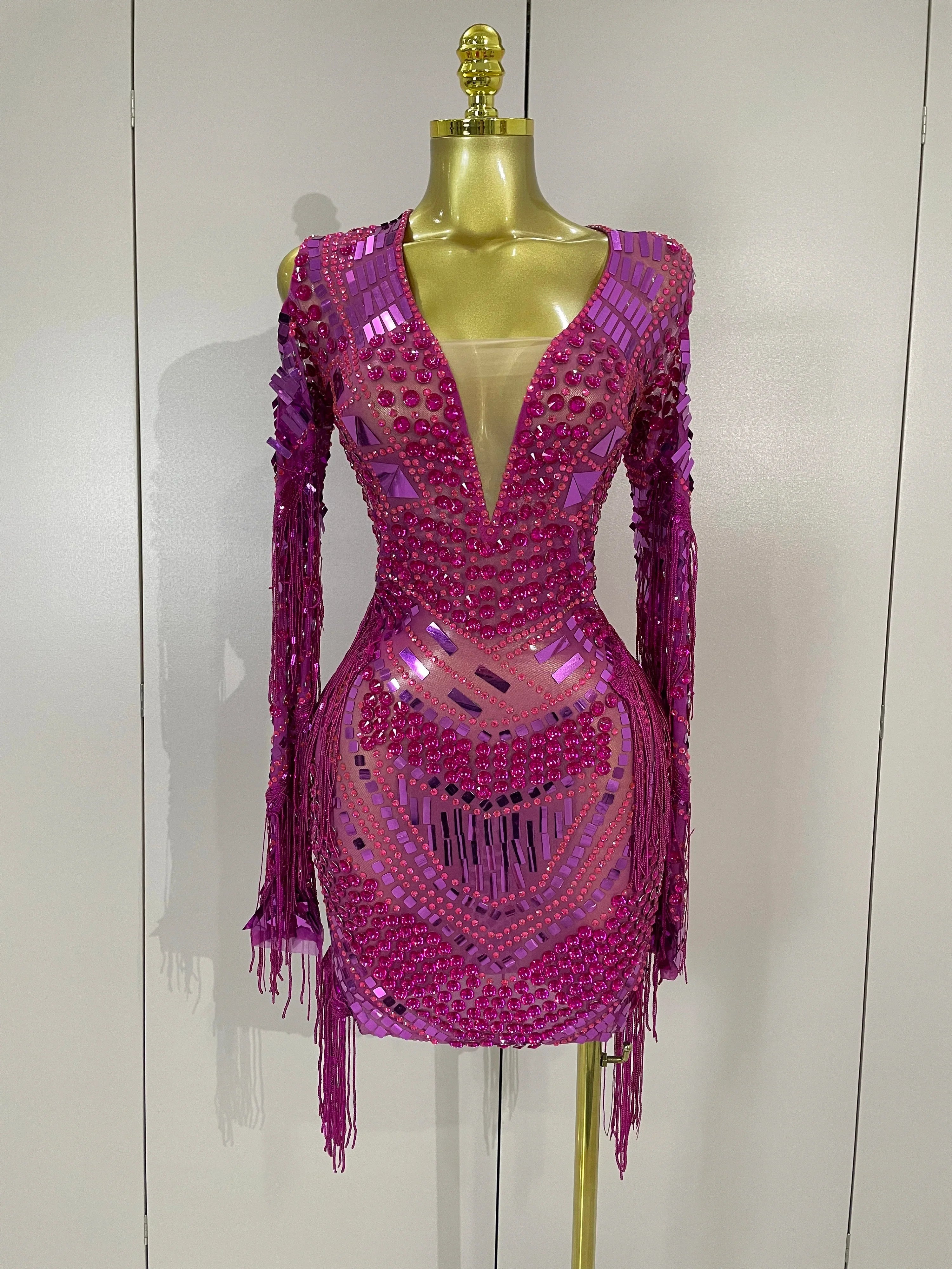 Candice Sparkling Diamond Sequin Tassel Long Sleeve Sheer Mesh Mini Dress