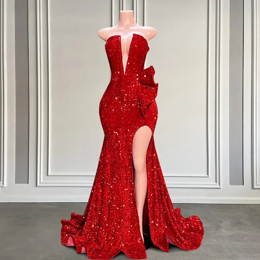 Charming Sequins Long Mermaid Prom Dresses Strapless Sexy High Slit