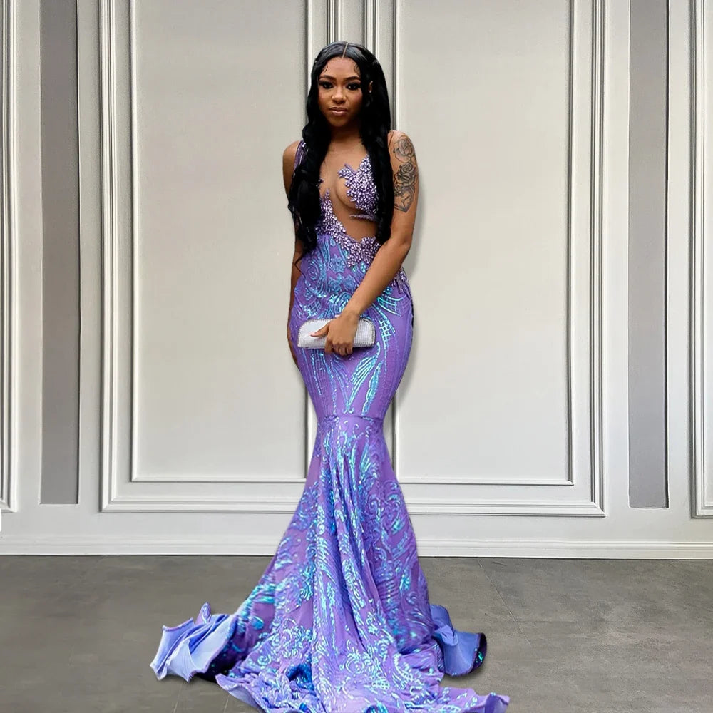 Crystals Beaded Lavender Fitted Sparkling Sequin Prom Dress