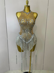 Desiree Silver Sequin Diamond Mesh Tassel Bodysuit