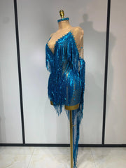 Carlene Blue Rhinestone Tassel See-Through Mesh Birthday Dress