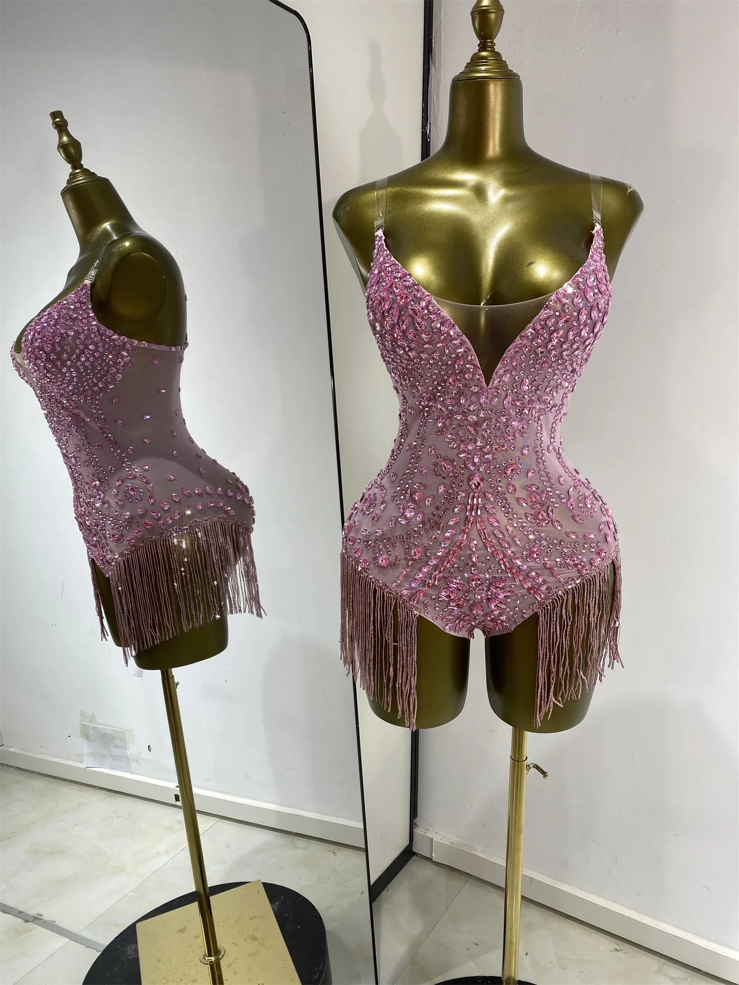 Bridgette Red Rhinestone Tassel Mesh Bodysuit for Women