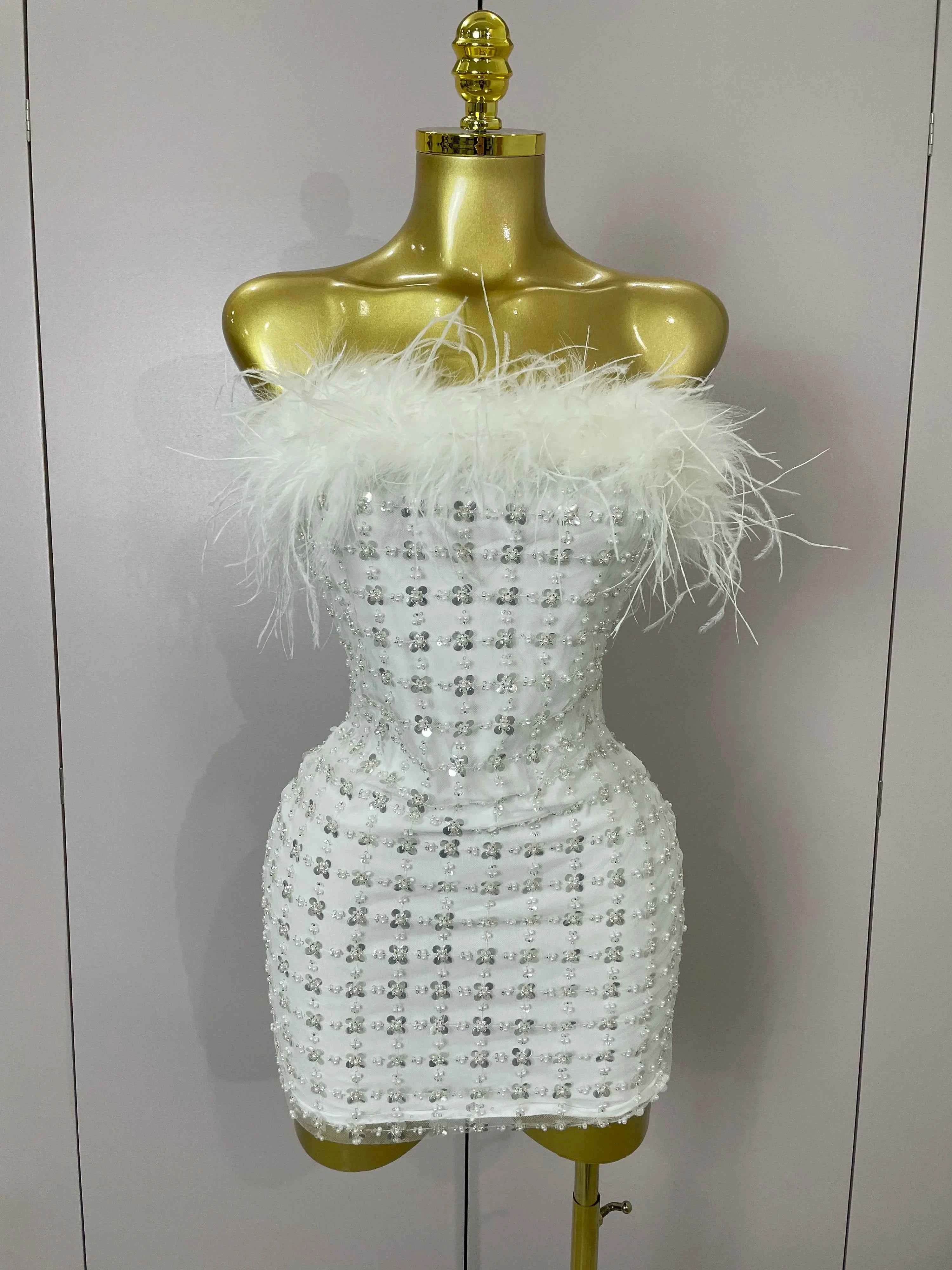 Carmina White Feather Sequin Strapless Bodycon Mini Dress
