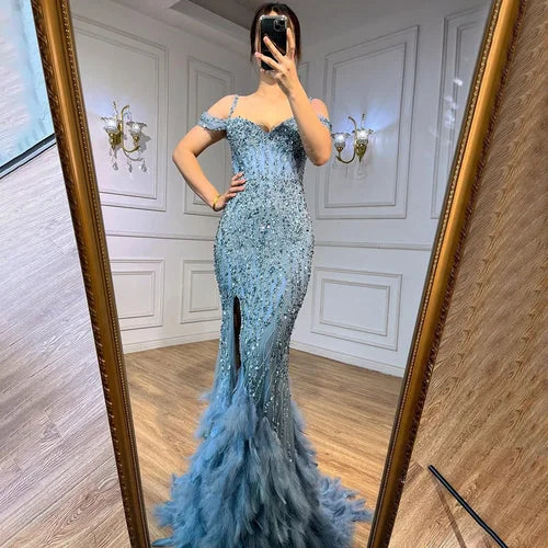 Black Luxury Beaded Feathers Mermaid Evening Dress Off Shoulder Sexy Slit