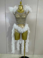 Chelle Sparkly Rhinestone Pearl Fringe Tassel Bodycon Bodysuit