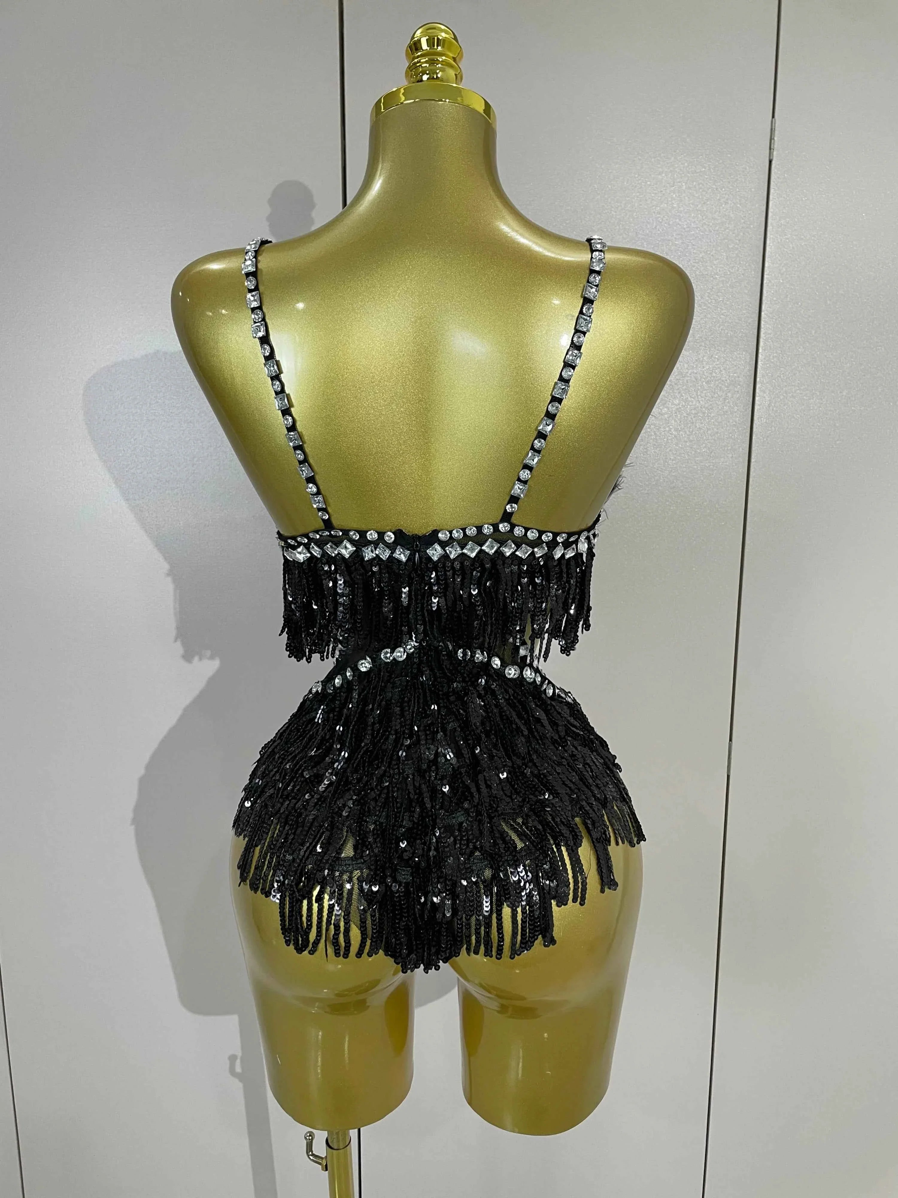 Claire Rhinestone Feather Tassel Mesh Bodysuit