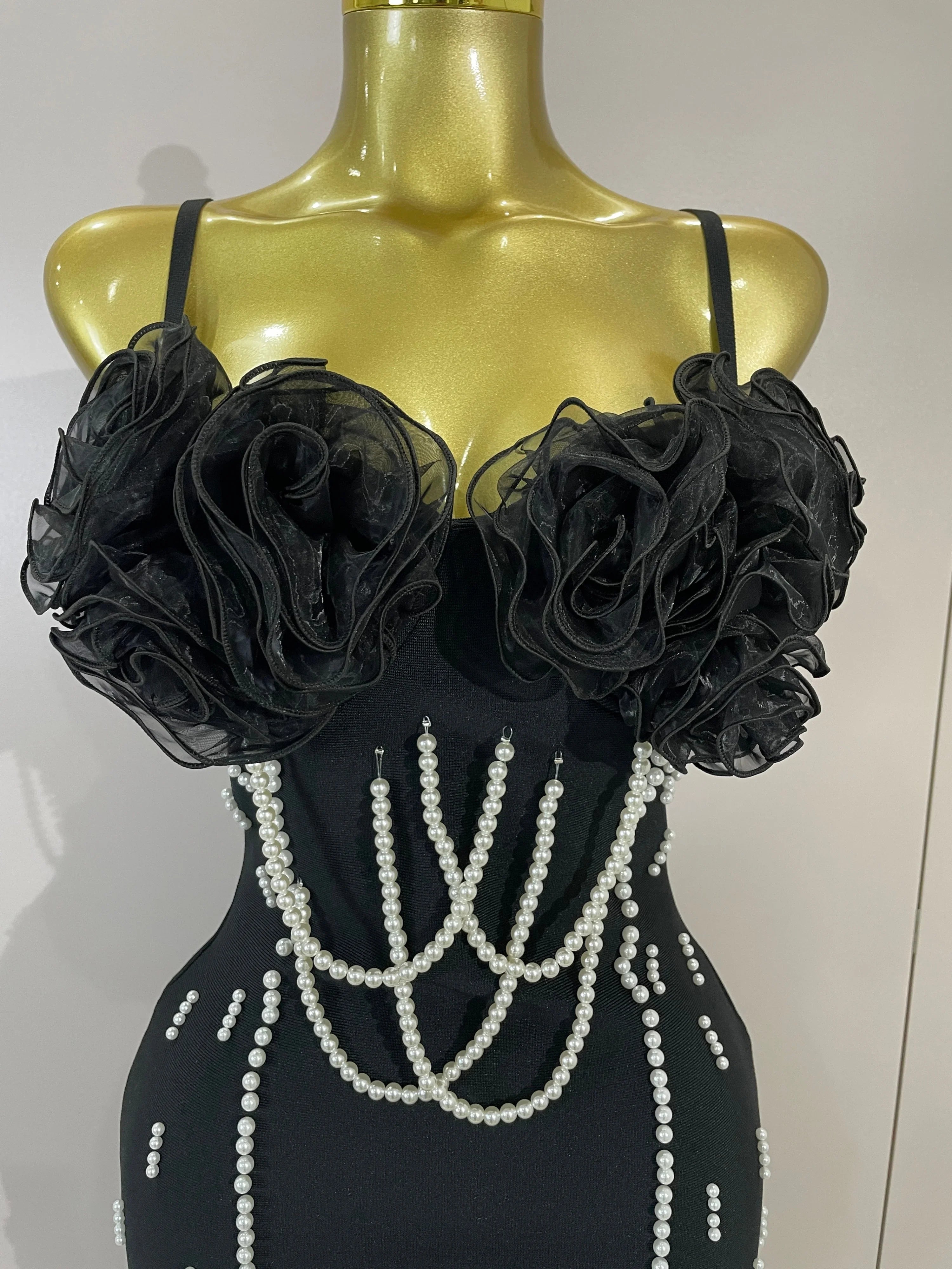 Carlie Pearl Beaded Strap Black Bodycon Bandage Dress