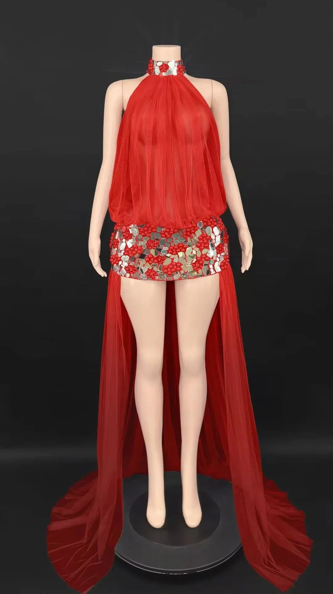 Almira Sparkly Rhinestone Pearl Mirror Mesh Long Tail Dress for Women