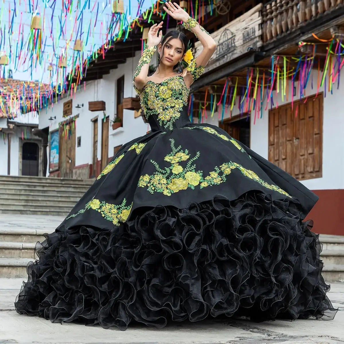 Black Organza Appliques Beaded Charro Quinceanera Dresses