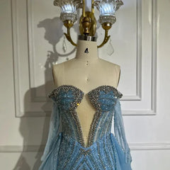 Blue Mermaid Evening Gown with Gloves and Overskirt