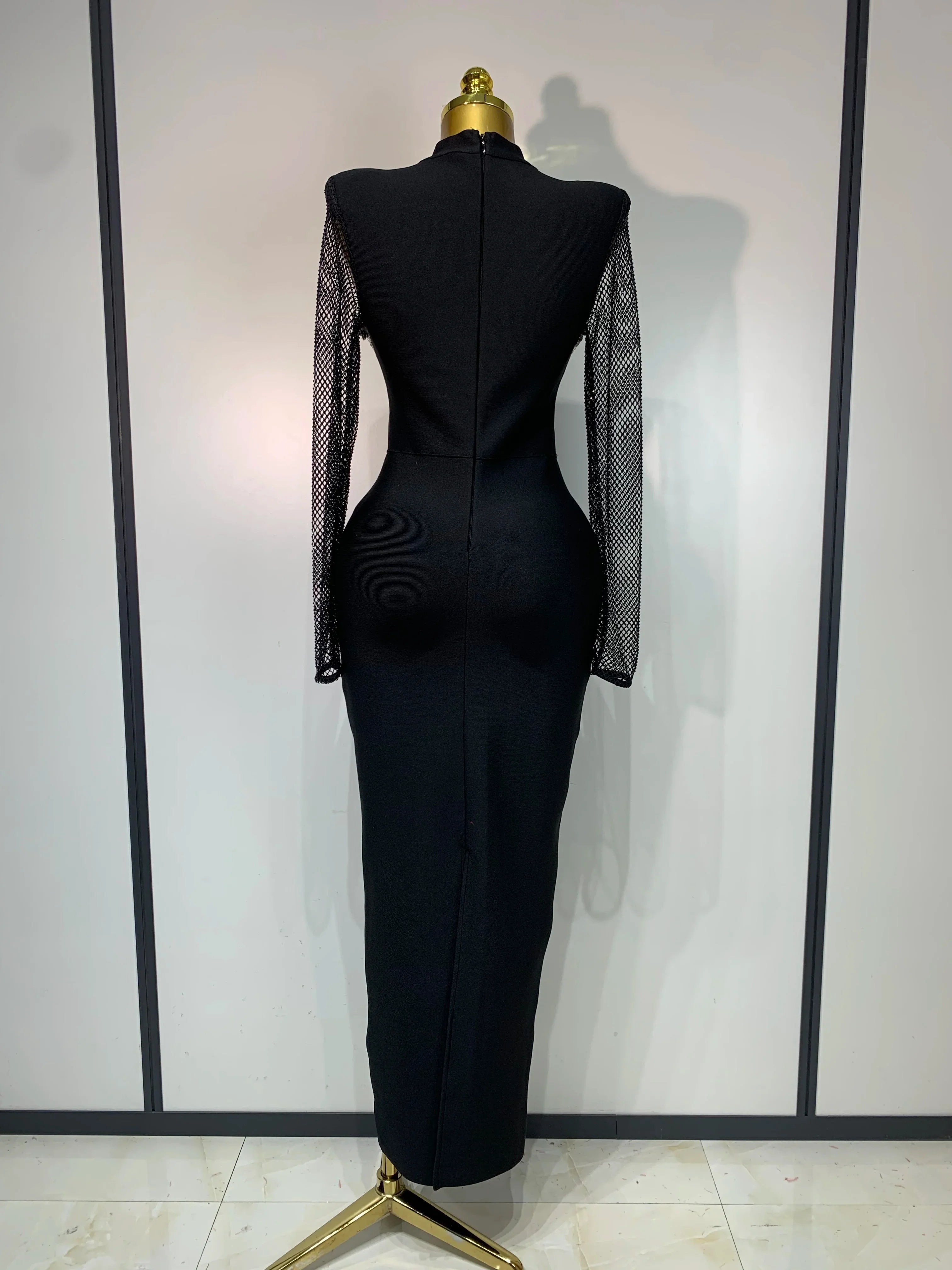 Caroline Black Long Sleeve Beaded Maxi Bandage Dress