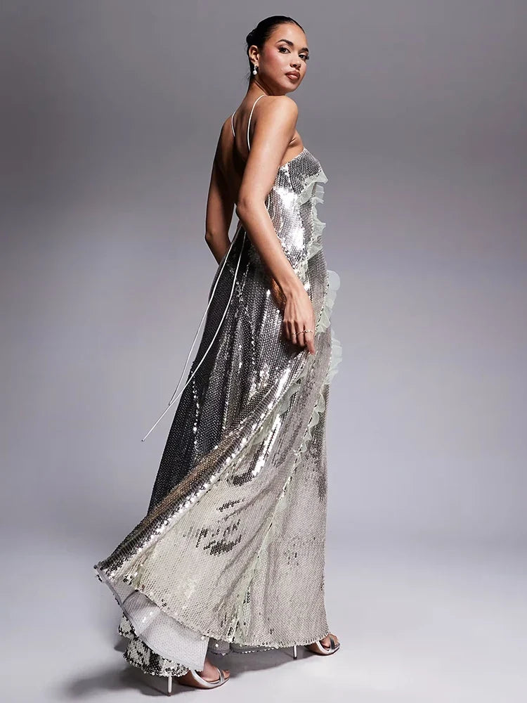 Arya Starry Silver Sequin Backless Dress with Ruffle Mesh Details