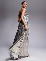 Arya Starry Silver Sequin Backless Dress with Ruffle Mesh Details