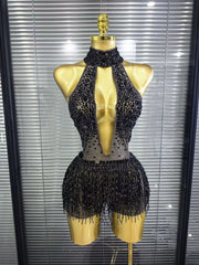 Denise Sexy Mesh See-Through Sequin Tassel Bodycon Bodysuit