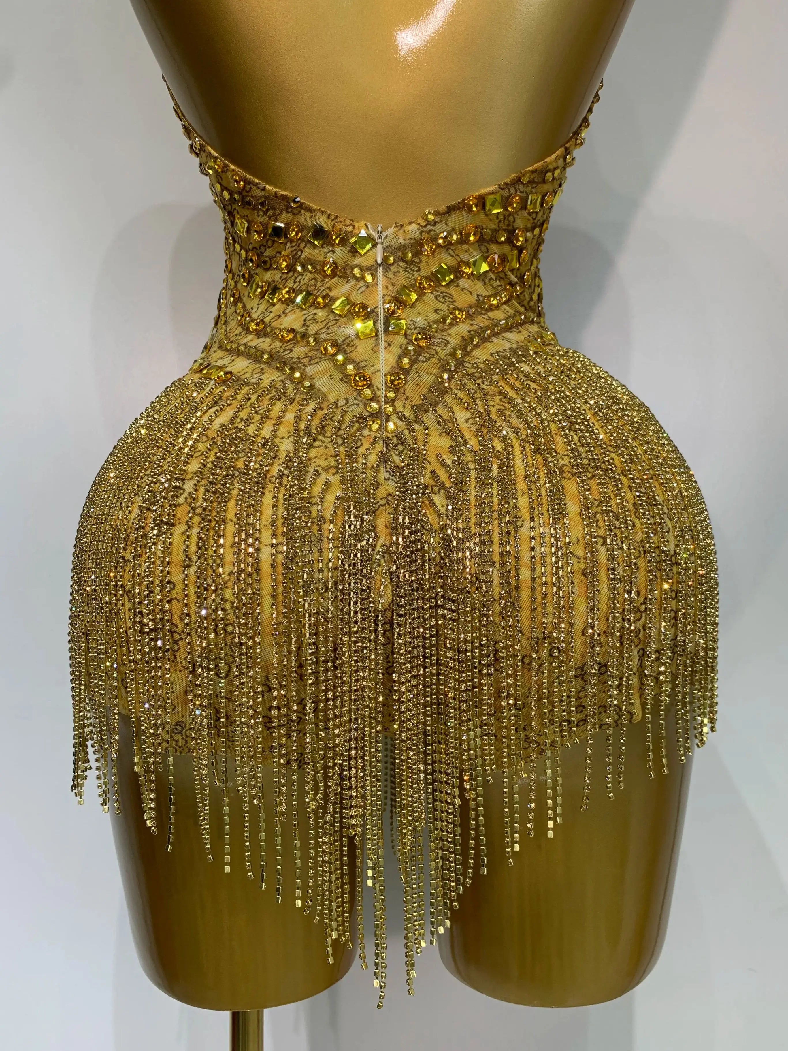 Angie See Through Stretch Gold Rhinestone Dress