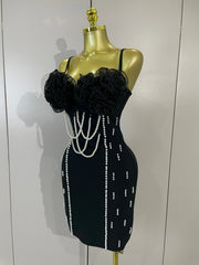 Carlie Pearl Beaded Strap Black Bodycon Bandage Dress