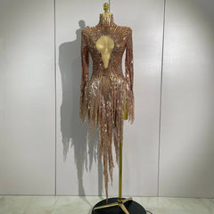 Aimee Sexy Sheer Mesh Long Sleeve Sparkly Rhinestone Sequin Tassel Dress