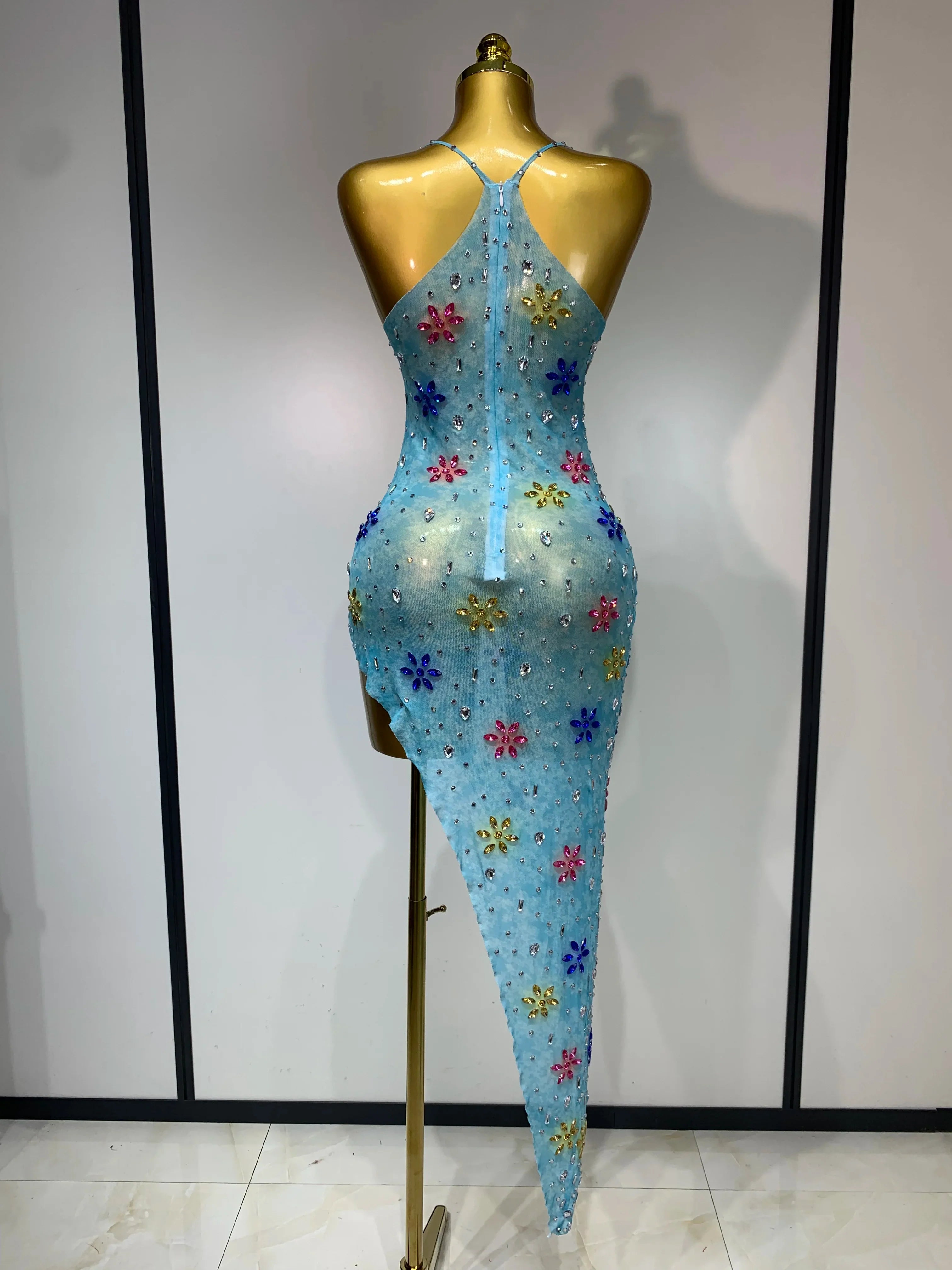 A'Riah Sexy Mesh High Split Sparkly Diamonds See Through Dress