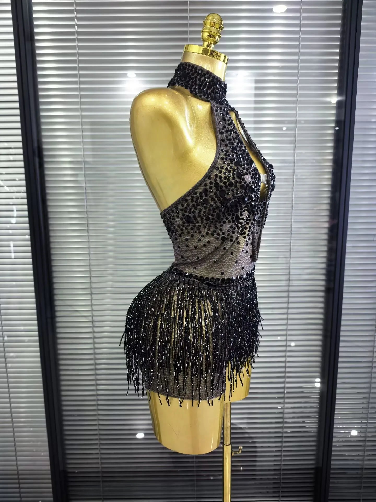 Denise Sexy Mesh See-Through Sequin Tassel Bodycon Bodysuit