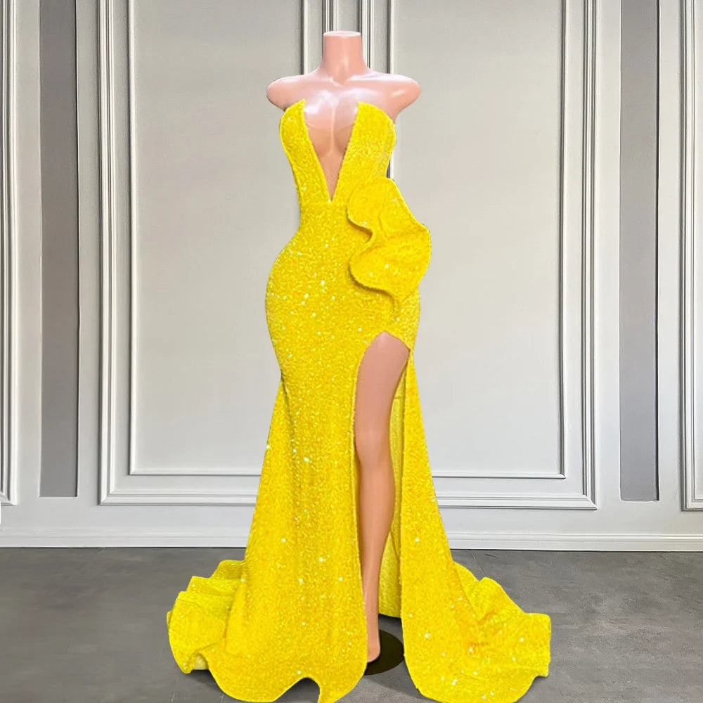 Charming Sequins Long Mermaid Prom Dresses Strapless Sexy High Slit