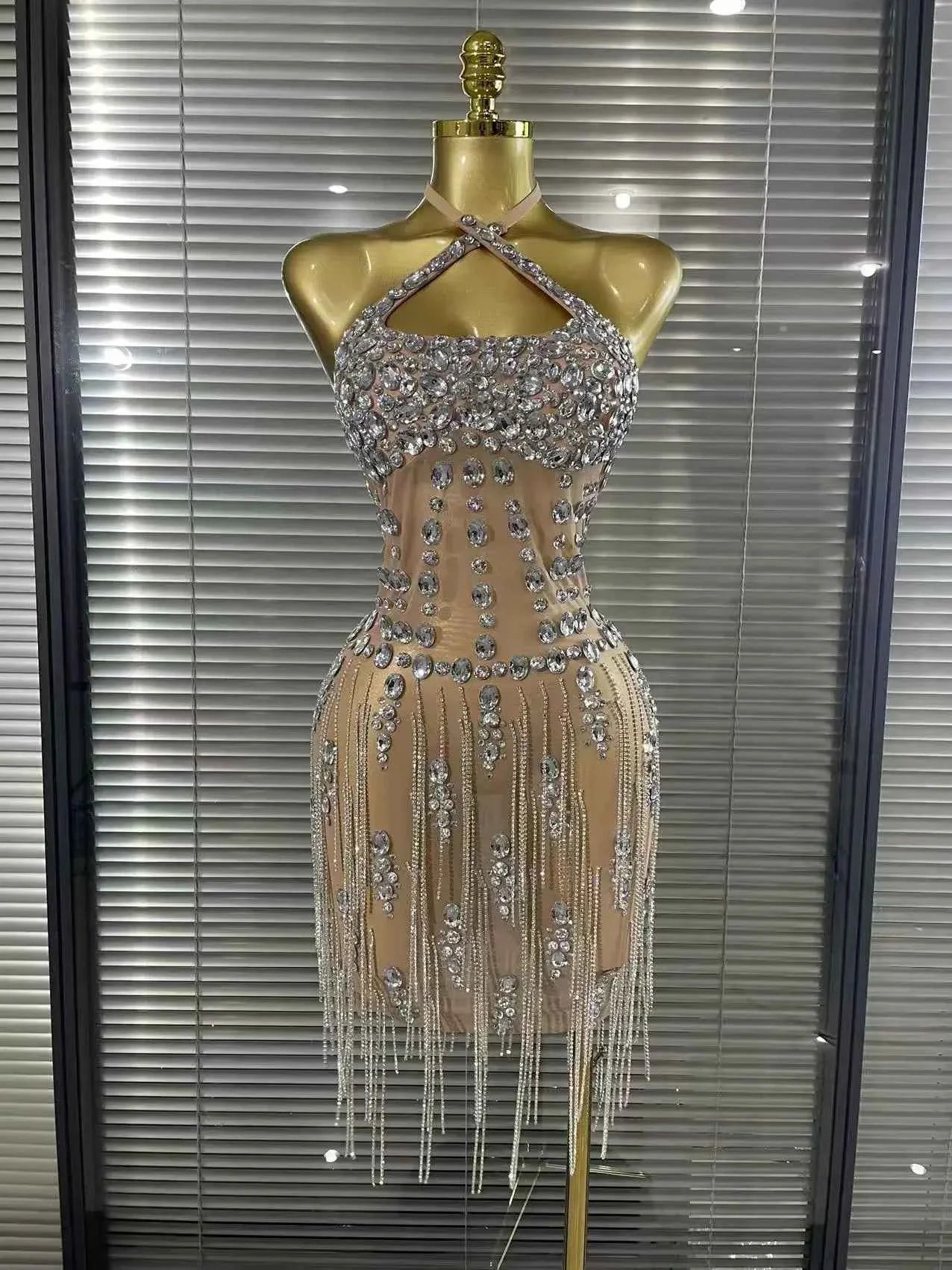 Carmen Crystal Diamond Halter Mesh Evening Gown