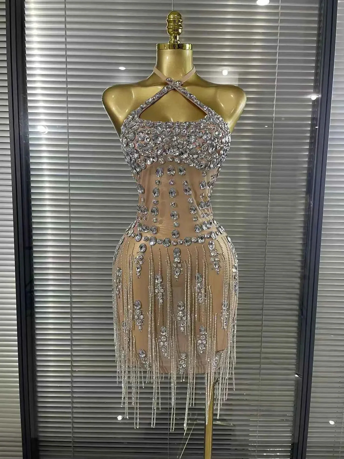 Carmen Crystal Diamond Halter Mesh Evening Gown